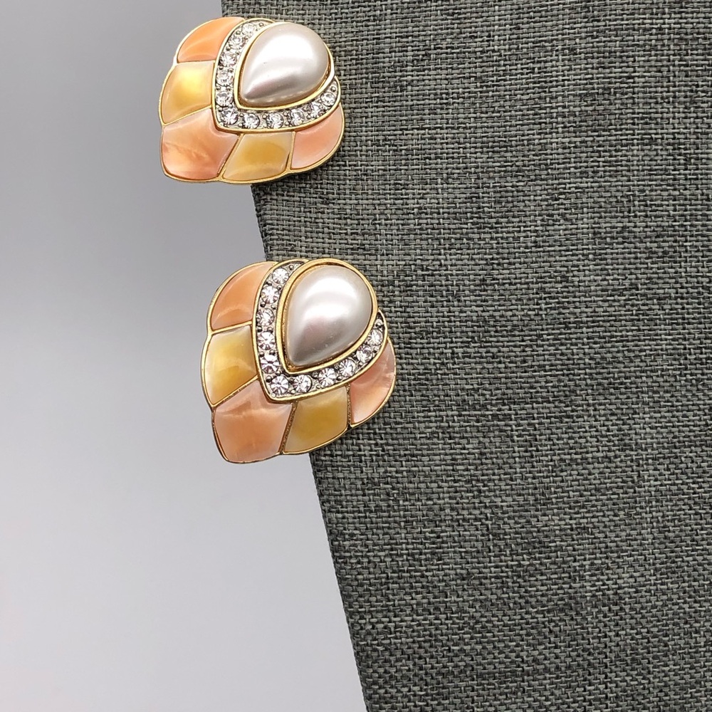 Vintage Butler Faux mother of Pearl and Swarovski Crystal clip on Earrings.